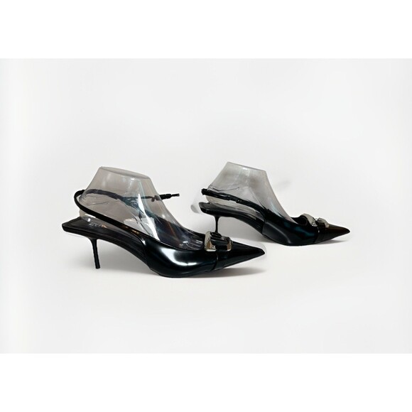 ZARA NEW Black Silver Pointed Toe Kitten Heel Slingback Sandal Women US 11 EU 42 - Picture 4 of 11